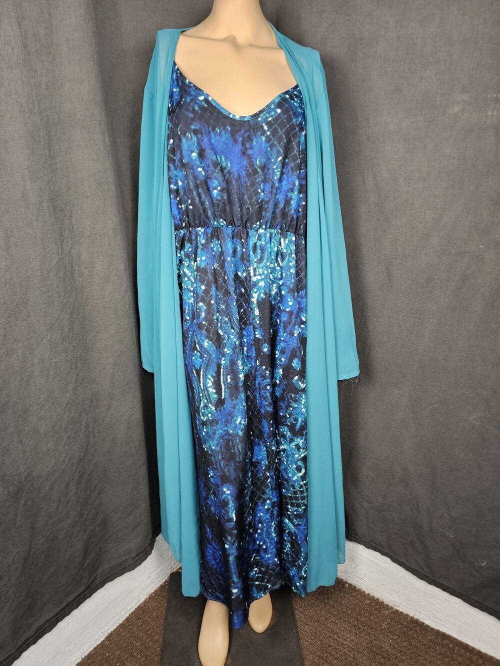 2pc Maxi Dress Duster Set Blue Abstract Sequin Pattern Long Cardigan 1X Ocean